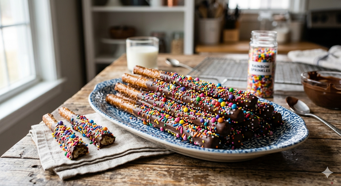 Chocolate Pretzel Rods with Sprinkles